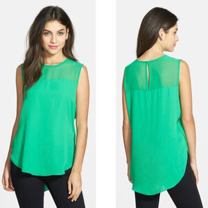Vince Camuto Sheed Yoke Sleeveless Green High Low Blouse XS